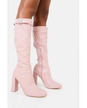 Public Desire First Class Dusty Pink Buckle Strap Knee High Block Heeled Boots