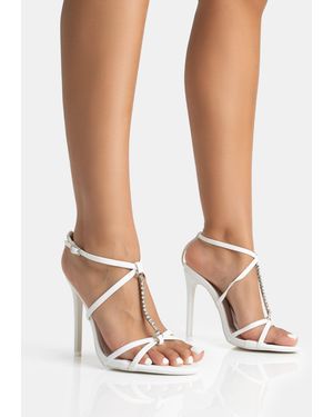 Public Desire Beau Wide Fit White Pu Diamante Strappy Round Toe Stilettos Heels - Pink