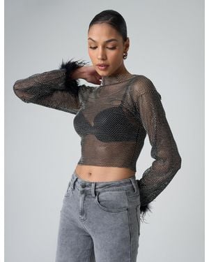 Public Desire Feather Cuff Detail Diamante Mesh Cropped Top Black - Grey