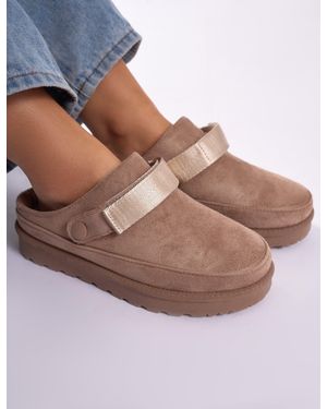 Public Desire Goldie Beige Faux Fur Lined Mules - Brown