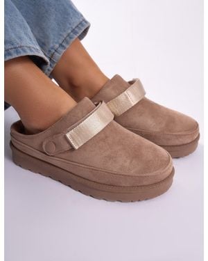 Public Desire Goldie Beige Faux Fur Lined Mules - Brown
