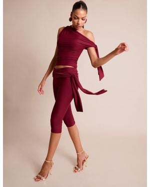 Public Desire Knot Detail Tie Side Luxe Slinky Capri Trousers Burgundy - Red