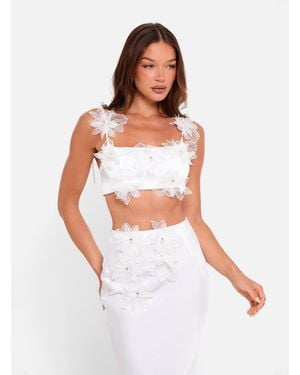 Public Desire Tie Strap Satin Top With Floral Applique White
