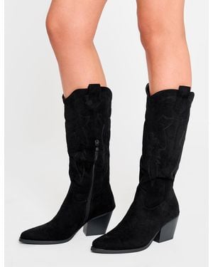 Public Desire Uptown Girl Black Suedette Western Cowboy Knee High Boots