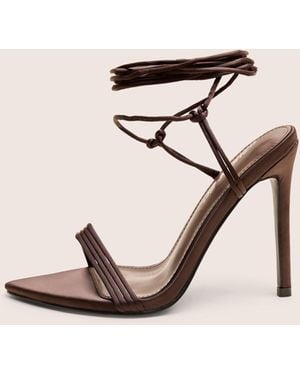 Public Desire Merlot Brown Satin Lace Up Wrap Around Pointed Toe Stiletto Heels - Natural