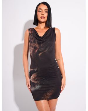 Public Desire Leopard Graphic Cowl Neck Mini Dress Black