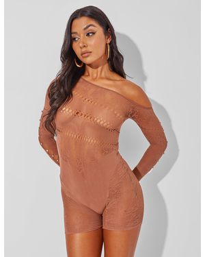 Public Desire Mesh And Lace Panel Off Shoulder Short Unitard Brown - Multicolour