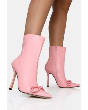 Public Desire Rhia Pink Pu Bow Pointed Toe Stiletto Ankle Boots