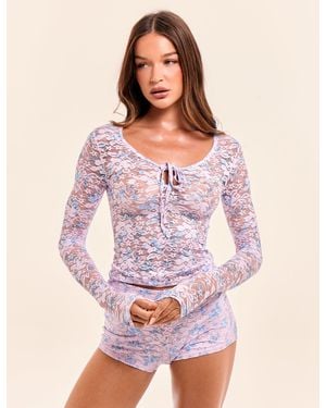 Public Desire Long Sleeve Sheer Printed Floral Lace Scoop Neck Top Pink