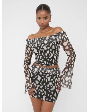 Public Desire Mesh Bardot Fold Over Long Sleeve Crop Top Animal Print - White