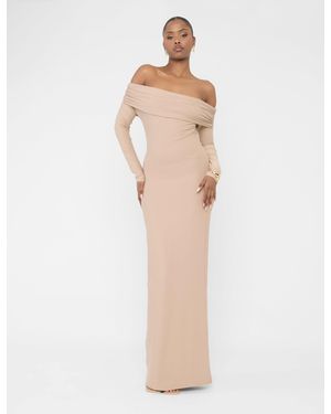 Public Desire Bardot Luxe Slinky Maxi Dress Latte - Grey