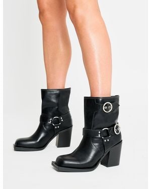 Public Desire Freak Black Wide Fit Buckle Detail Square Toe Ankle Boots