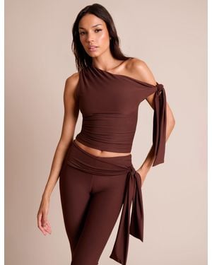 Public Desire Knot Detail Asymmetric One Shoulder Luxe Slinky Top Chocolate - Red