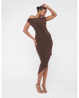 Public Desire Asymmetric Off The Shoulder Drape Slinky Maxi Dress Chocolate - Multicolour