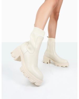 Public Desire Everdeen Ecru Pu And Knit Chunky Heeled Platform Sock Ankle Boots - White
