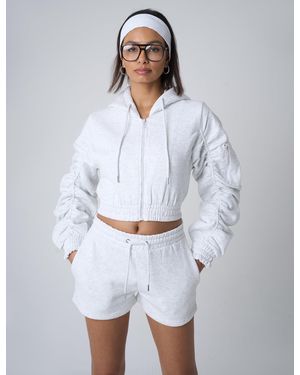 Public Desire Ruched Sleeve Zip Up Cropped Hoodie Grey Marl - White