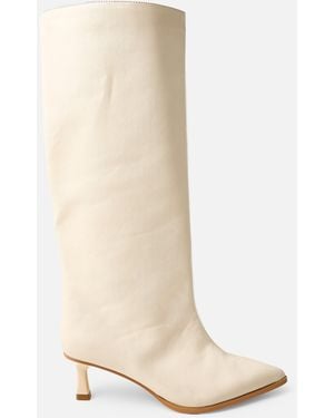 Public Desire Lola Cream Pu Kitten Heel Knee High Boot - White