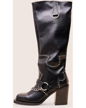 Public Desire Nashville Wide Fit Black Western Studded Block Heel Knee High Boot - Blue