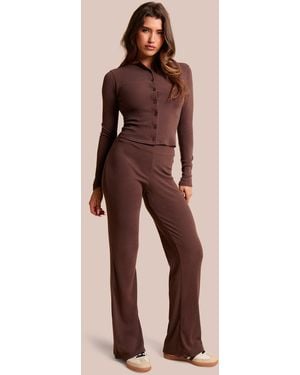 Public Desire High Waist Rib Wide Leg Trouser Chocolate - Natural