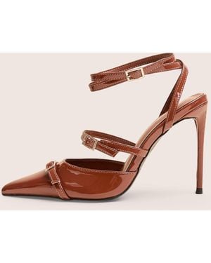 Public Desire Viper Chocolate Three Strap Buckle Detail Court Heels - Pink