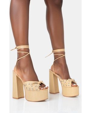 Public Desire Crete Raffia Diamante Twist Strap Lace Up Platform Block Heels - Brown