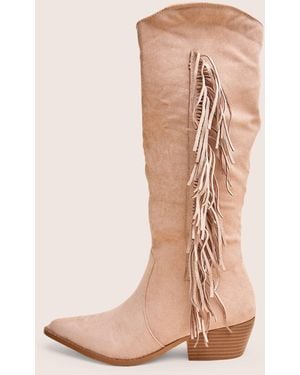 Public Desire Tucker Beige Faux Suede Knee High Tassle Detail Western Boots - Natural