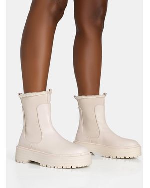 Public Desire Alpine Cream Pu Faux Fur Trim Elasticated Ankle Chunky Ankle Boots - Natural