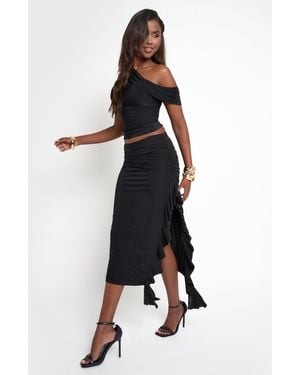 Public Desire Drape Detail Luxe Slinky Maxi Skirt Black - White