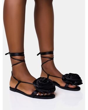 Public Desire Magnolia Black Flower Corsage Lace Up Flat Sandals - Brown