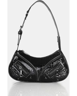 Public Desire The Candice Zip Detailed Black Croc Shoulder Bag