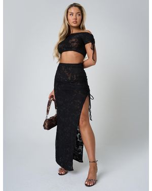 Public Desire Tie Detail Textured Floral Split Maxi Skirt Black