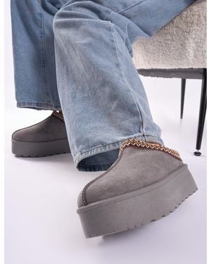 Public Desire Nutmeg Grey Faux Fur Lined Platform Mules - Blue
