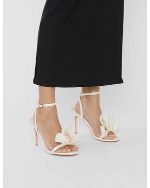 Public Desire Smitten Ivory Satin Lily Flower Barely There High Heels - Black
