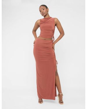 Public Desire Split Leg Ruched Detail Slinky Maxi Skirt Rust - Red