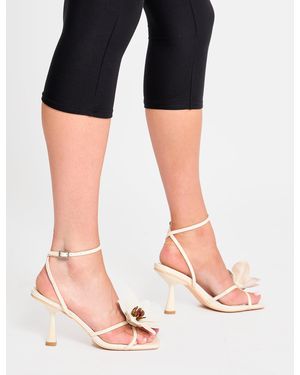 Public Desire Hydrangea Stone Patent Flower Barely There Square Toe Mid Heels - Black