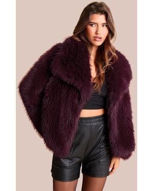 Public Desire Oversized Collar Faux Fur Jacket Plum - Red