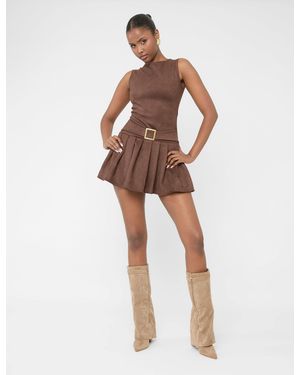 Public Desire Suedette Buckle Detail Pleated Mini Dress Brown