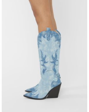 Public Desire Underwood Mixed Denim Western Cowboy Block Heel Knee High Boots - Blue