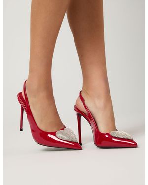 Public Desire Elvis Red Patent Diamante Heart Brooch Slingback Pointed Toe Court High Heels