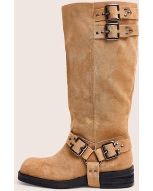 Public Desire Rooftop Taupe Faux Suede Vintage Knee High Biker Boots - Natural