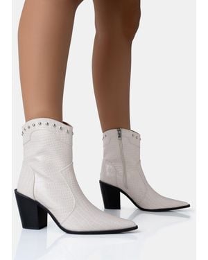 Public Desire Riley Ecru Croc Metal Studded Detail Western Cowboy Block Ankle Boots - White