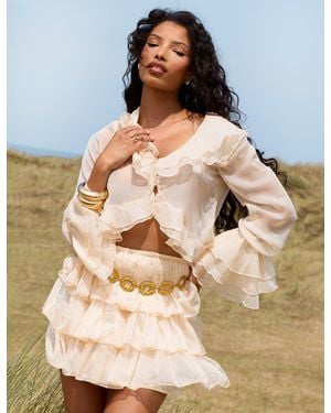 Public Desire Sheer Ruffled Long Sleeve Crop Top Stone - Multicolour