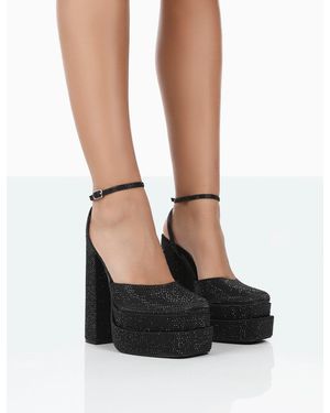 Public Desire Moonchild Black Sparkly Diamanté Satin Closed Toe Platform Block Heels