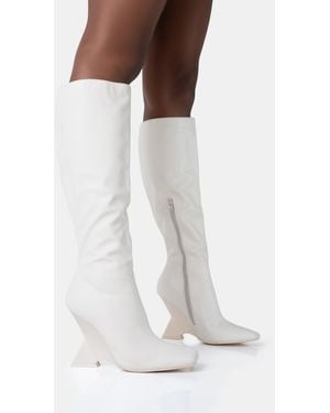 Public Desire Vanessa Ecru Pu Inverted Wedge Square Toe Heeled Knee High Boots - White