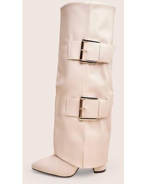 Public Desire River Ecru Double Buckle Detail Pu High Knee Boots - Natural