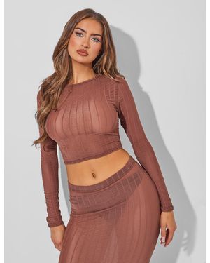 Public Desire Sheer Long Sleeve Top Co Ord Brown - Red