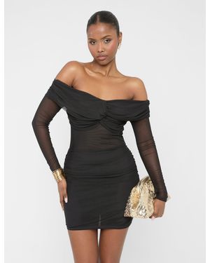 Public Desire Mesh Panel Off Shoulder Long Sleeve Mini Dress Black