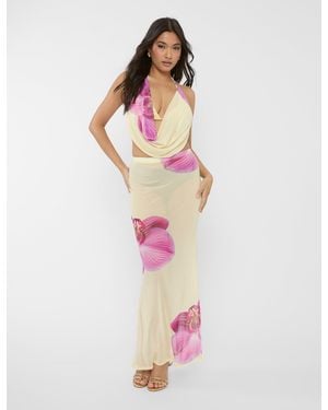 Public Desire Printed Floral Mesh Maxi Skirt Co-ord Yellow - Pink