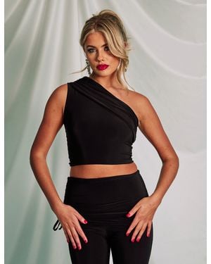 Public Desire Slinky Foldover One Shoulder Crop Top Black