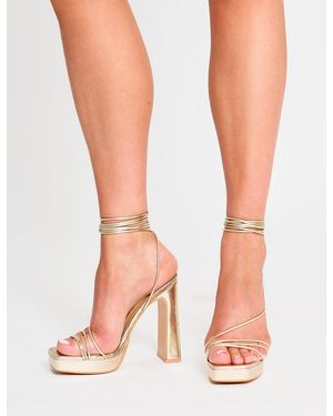 Public Desire Eilish Gold Mirror Lace Up Strappy Platform Block High Heels - White